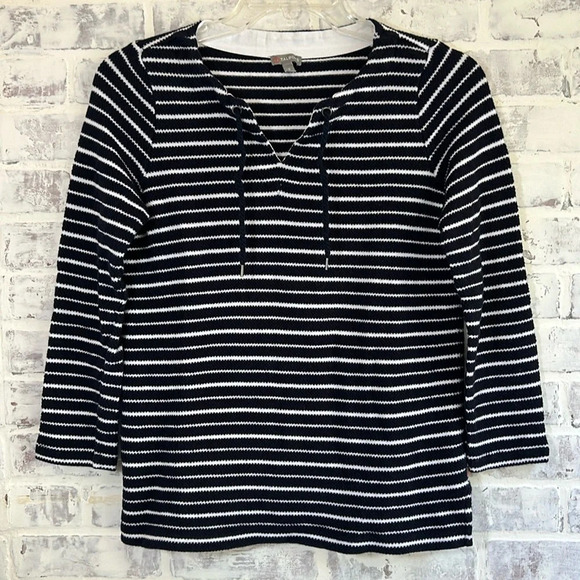 Talbots Nautical Pullover V-Neck Navy White Stripes 3/4 Sleeve Knit Blouse, sz S - Picture 1 of 7